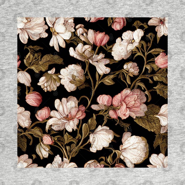 Brown and Pink Floral Pattern on Black by VintageFlorals